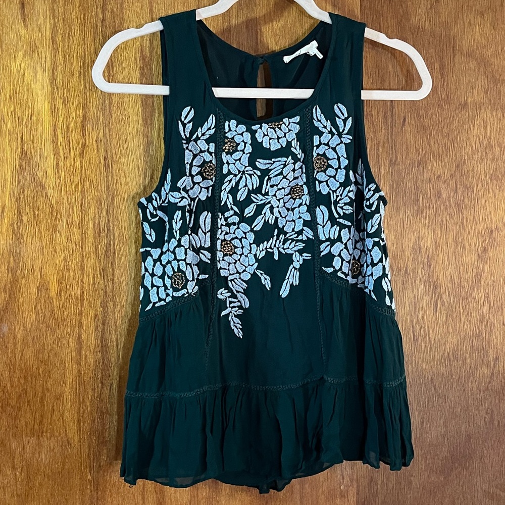 FLOREAT Green Sleeveless Embroidered Top Sz XS